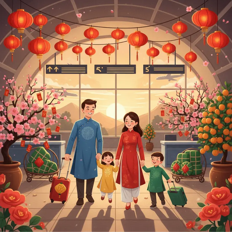 Gia đình chuẩn bị đi du lịch Tết tại sân bay, hào hứng nhưng vẫn chú trọng an toàn.