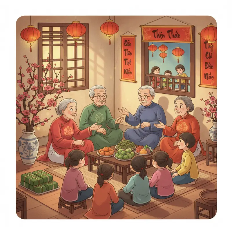 Không gian gia đình Việt trang hoàng ngày Tết, bình yên và không có cảnh quét dọn.