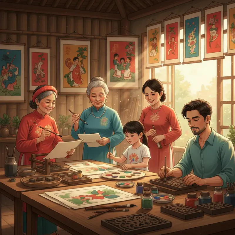 Không khí trang trí tranh Tết truyền thống trong gia đình Việt.
