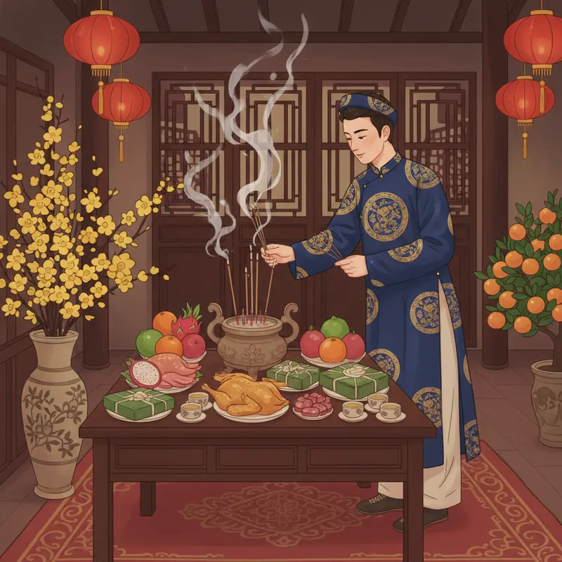 Gia đình Việt sum vầy bên bàn thờ tổ tiên trong ngày Tết.