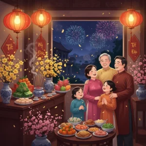 Cảnh gia đình Việt Nam quây quần, cười rạng rỡ dưới ánh đèn lồng, cùng chuẩn bị bàn lễ và đón năm mới truyền thống.