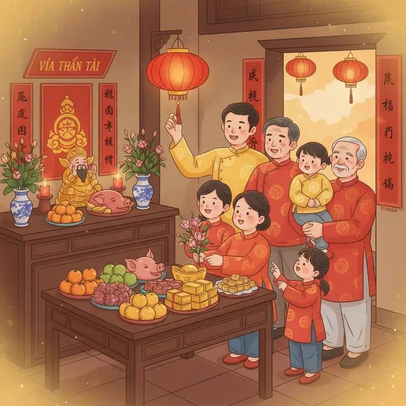 Bàn thờ Thần Tài truyền thống mang đậm nét văn hóa Việt.