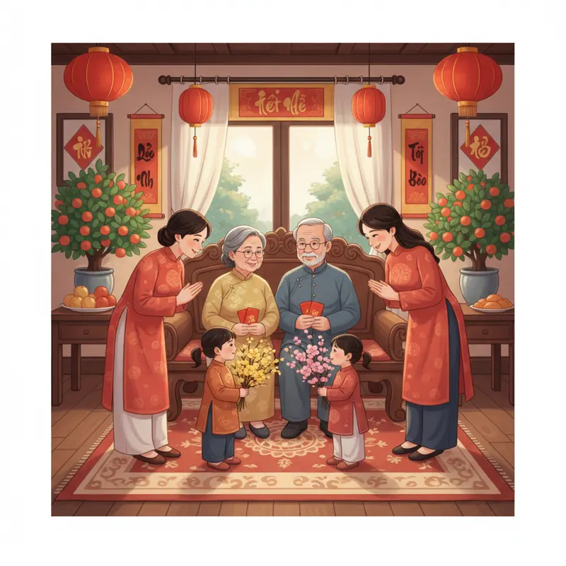 Các thế hệ trong gia đình Việt sum họp, trao nhau lời chúc Tết đầy ý nghĩa.