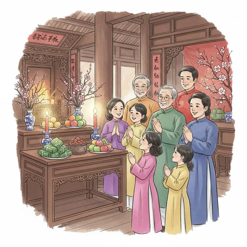 Gia đình Việt sum vầy bên bàn thờ tổ tiên trong ngày Tết.