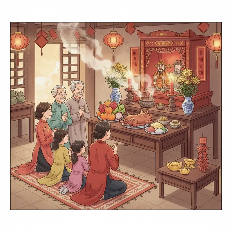 Bàn thờ Thần Tài truyền thống mang đậm nét văn hóa Việt.
