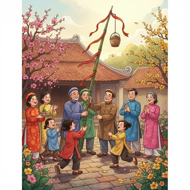 Hình ảnh cây nêu được dựng trang trọng trước sân nhà trong dịp Tết, biểu tượng xua đuổi tà ma.