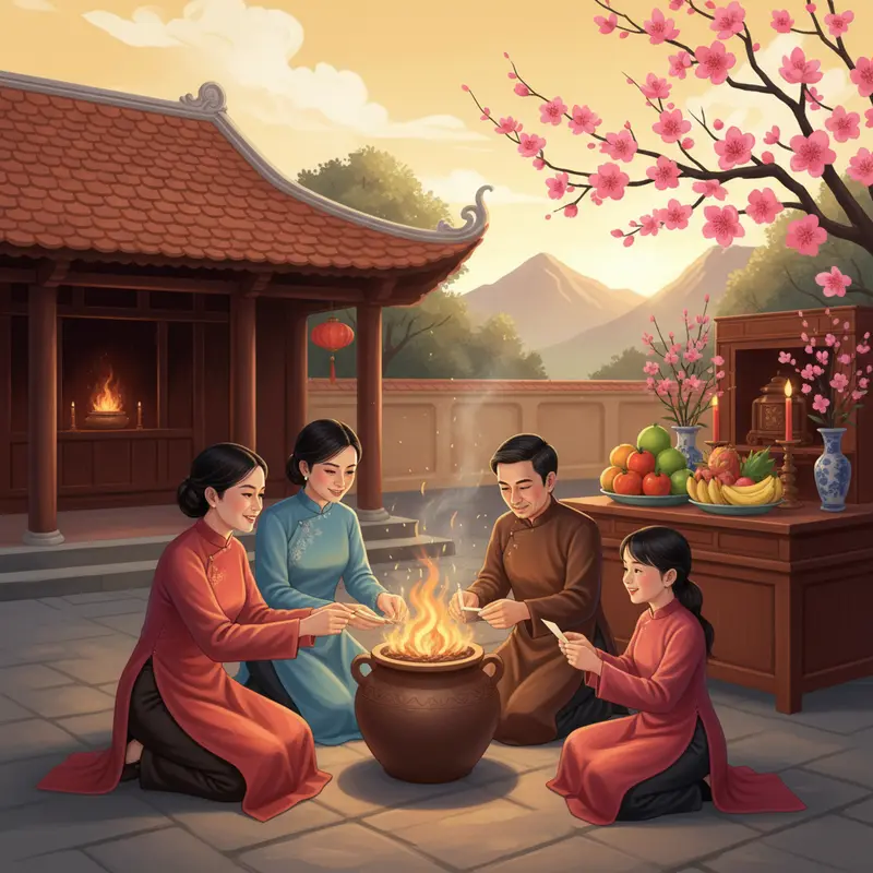 Gia đình Việt thành kính thực hiện lễ hóa vàng truyền thống ngày Tết.