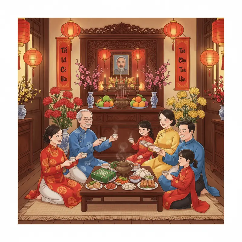 Gia đình sum họp bên bàn thờ tổ tiên, không khí Tết ấm cúng.
