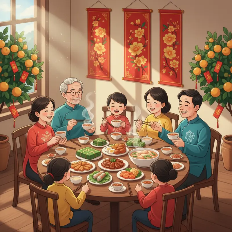 Bữa cơm Tết sum họp bên mâm cỗ truyền thống.