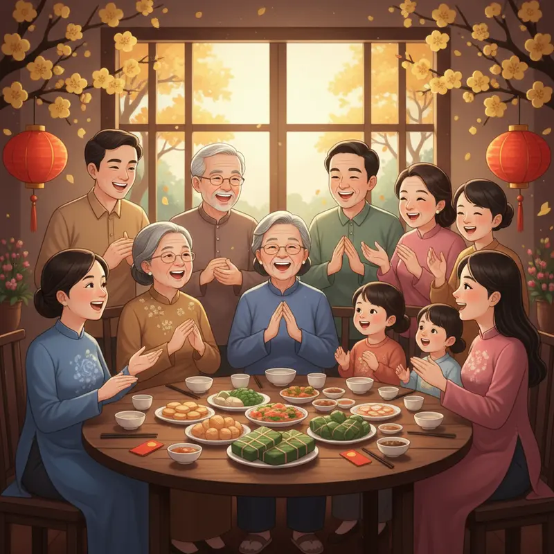 Phòng khách truyền thống ngày Tết, rác được gom lại một góc để giữ lộc.