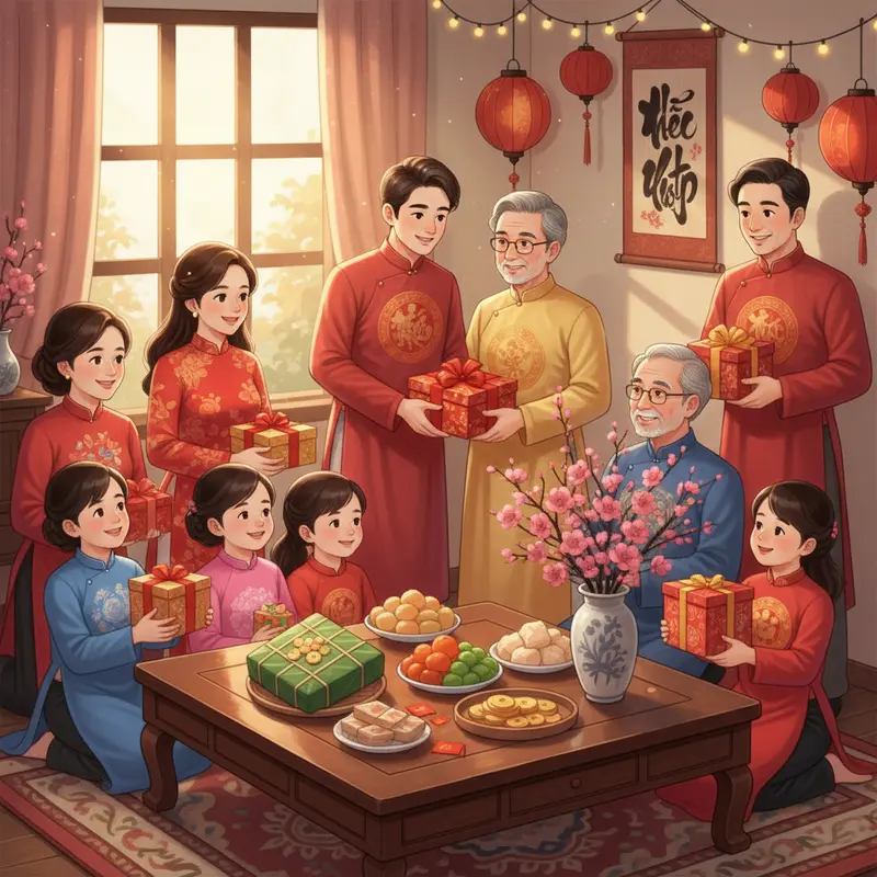 Gia đình sum họp bên những hộp quà Tết trao nhau tình cảm.