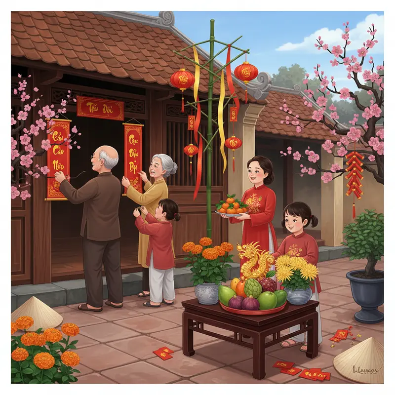 Cây nêu truyền thống dựng giữa sân nhà vào dịp Tết, trang trí mang lại may mắn.