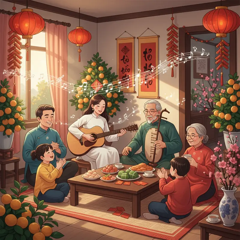 Hình ảnh dân ca vang lên ngày Tết tại làng quê Việt Nam.