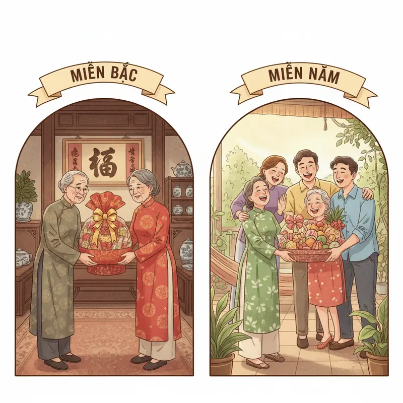 Giỏ quà Tết truyền thống với nhiều loại quà đặc trưng, biểu tượng của sự đoàn viên.