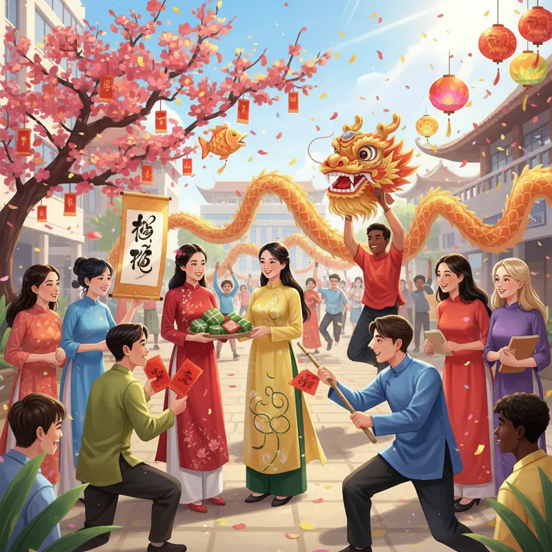 Bàn thờ gia đình sum vầy Tết với hoa đào và lễ vật truyền thống.