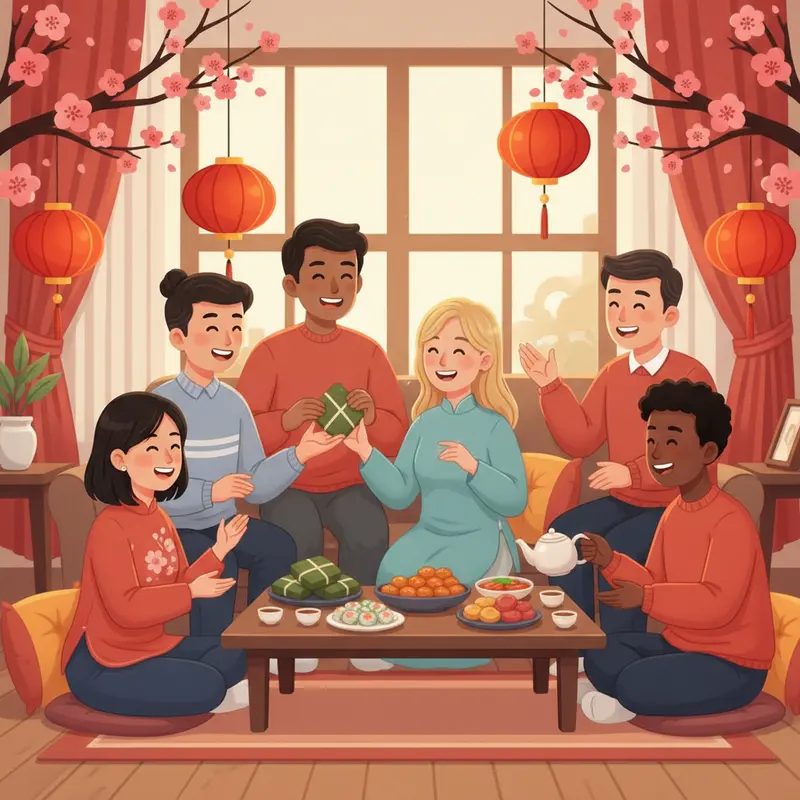 Gia đình Việt quây quần bên mâm cơm ngày Tết Nguyên Đán.