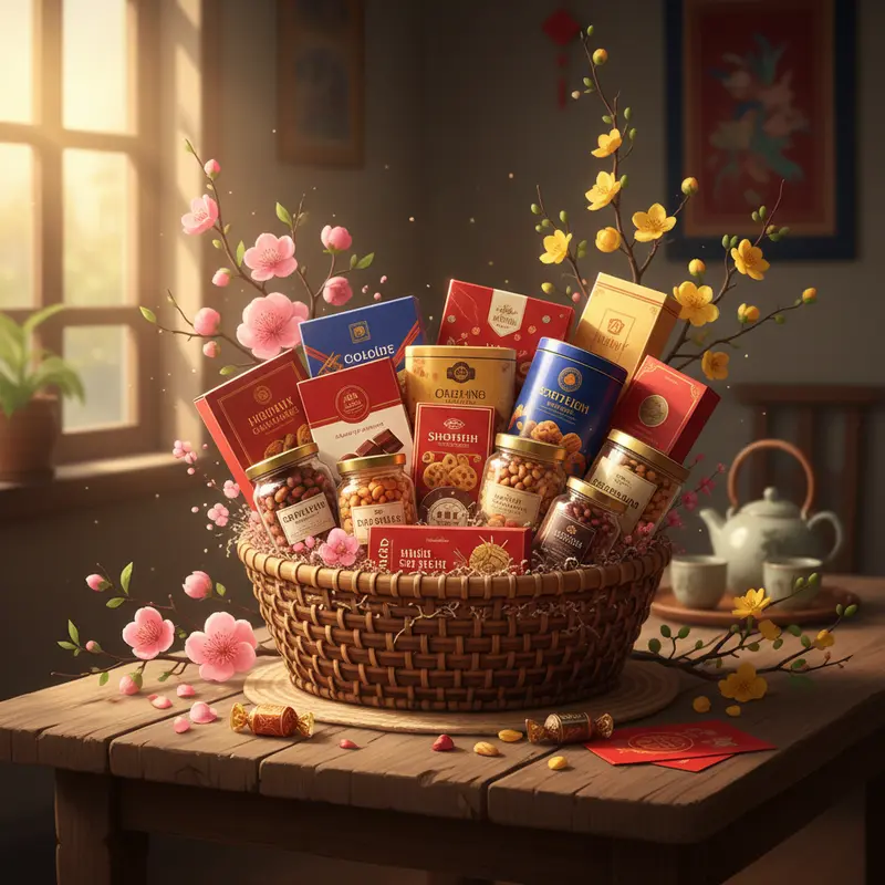Giỏ quà Tết hiện đại với bánh kẹo nhập khẩu cao cấp, sắc vàng đỏ tươi vui.
