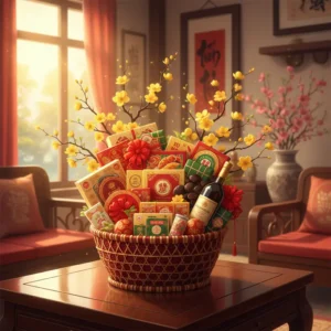 Hình ảnh giỏ quà Tết bày biện trang trọng với bánh kẹo cao cấp, bao lì xì và hoa mai vàng.