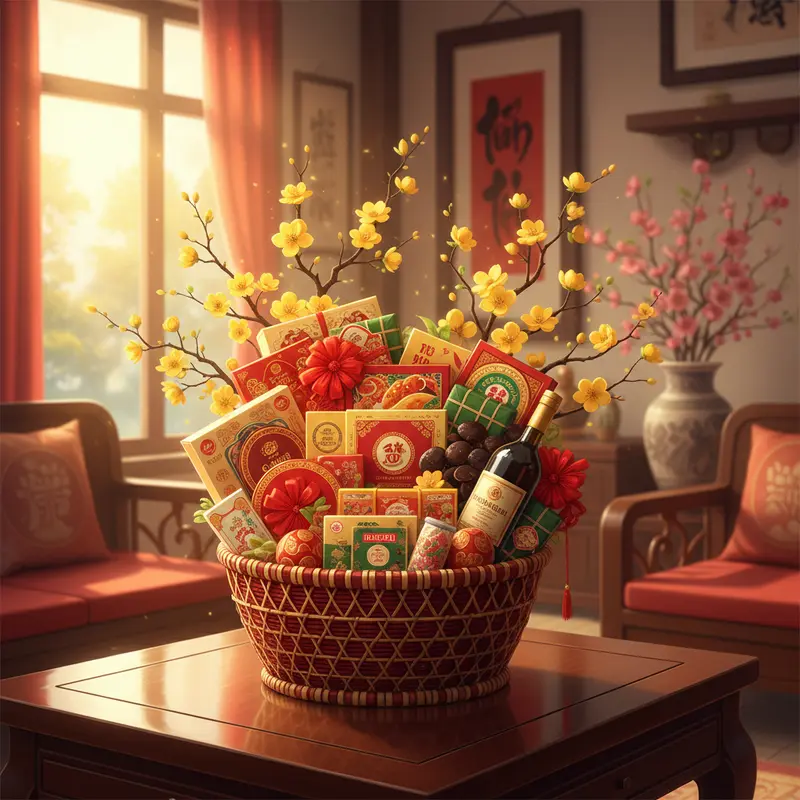 Hình ảnh giỏ quà Tết bày biện trang trọng với bánh kẹo cao cấp, bao lì xì và hoa mai vàng.