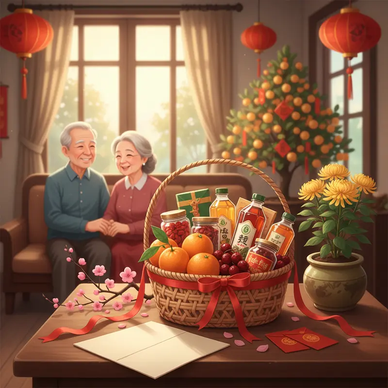 Các giỏ quà Tết sang trọng được chuẩn bị riêng cho từng đối tượng trên bàn truyền thống.