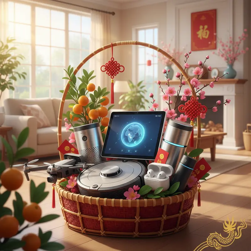 Giỏ quà Tết 2026 tích hợp các thiết bị công nghệ và smart home.