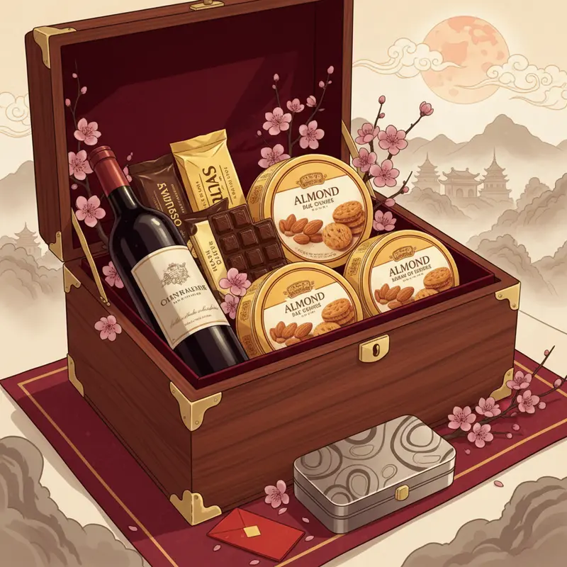 Một giỏ quà Tết truyền thống đầy đủ bánh mứt, trà và các món khô.