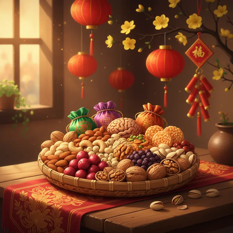 Giỏ quà Tết kết hợp hạt dinh dưỡng và đặc sản vùng miền.