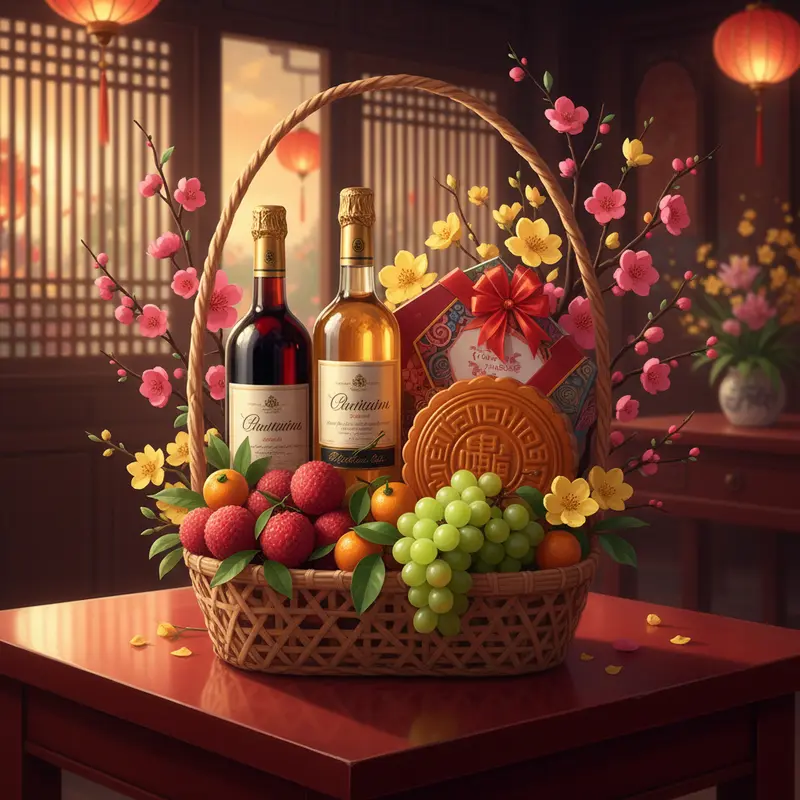 Giỏ quà Tết sang trọng với rượu vang đỏ, vang trắng, và bánh Trung Thu.