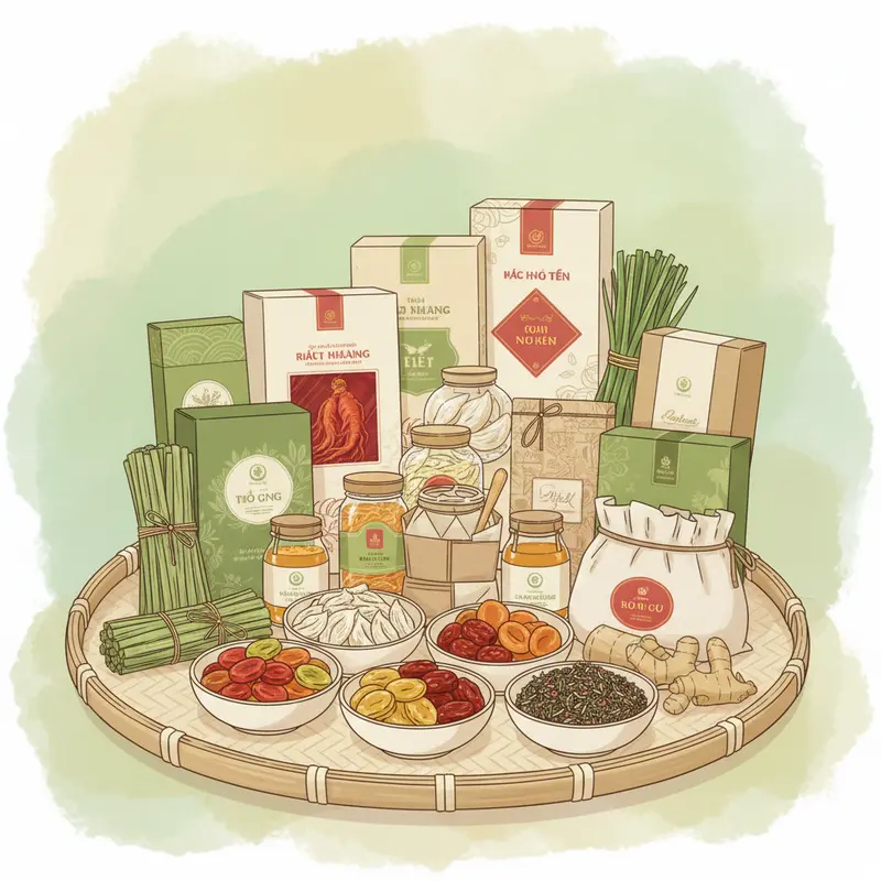 Một giỏ quà Tết truyền thống đầy đủ bánh mứt, trà và các món khô.