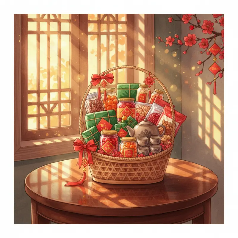 Một giỏ quà Tết truyền thống đầy đủ bánh mứt, trà và các món khô.