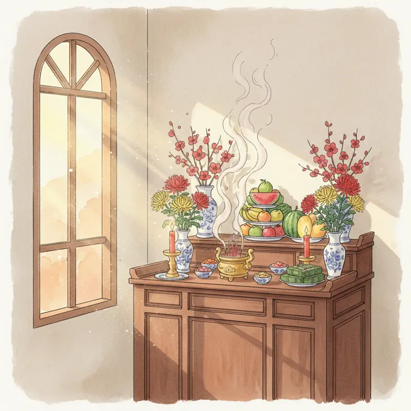 Bàn thờ gia tiên ngày Tết với biểu tượng ngũ hành hài hòa.