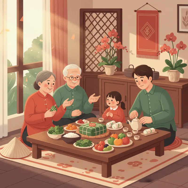 Ban thờ truyền thống với hình tượng Ông Táo và mâm cúng Tất Niên trong không gian ấm áp.