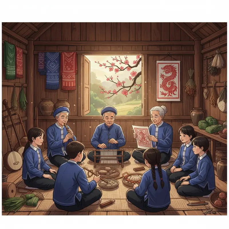 Cảnh xuân rực rỡ, bản làng thức giấc giữa sắc hoa đào và hoa mận nở bung.