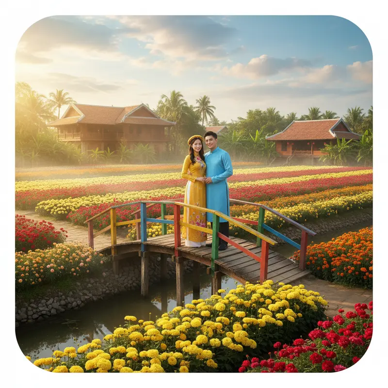 Khung cảnh làng hoa Sa Đéc vào mùa xuân với sắc hoa rực rỡ và du khách nhộn nhịp.