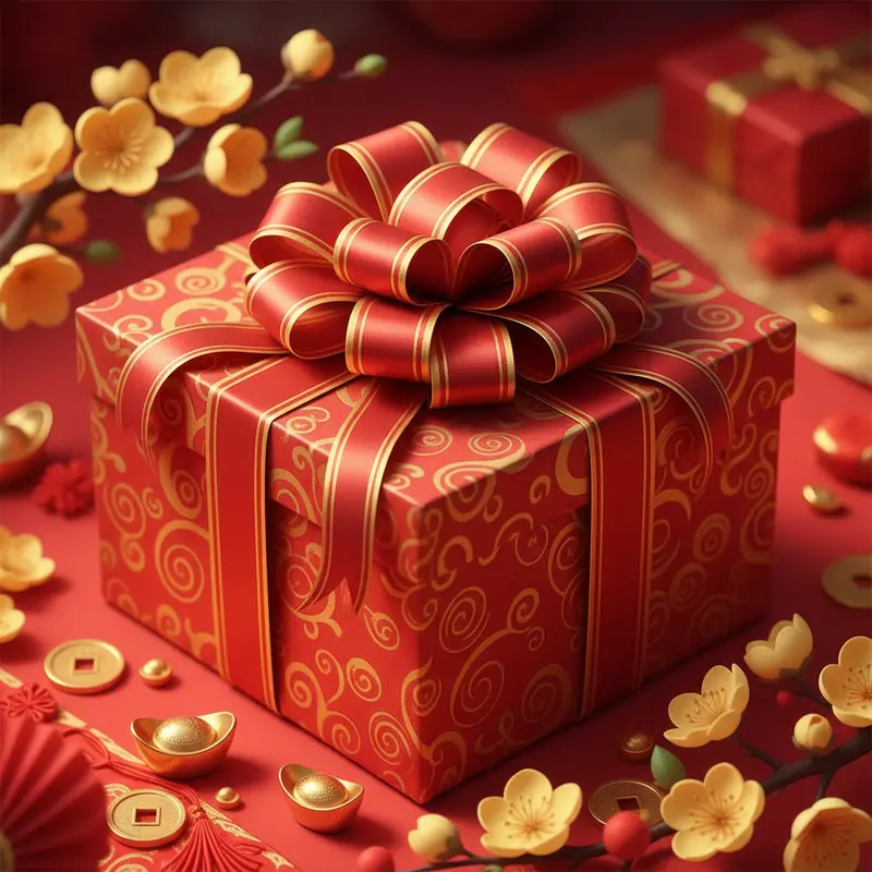 Hộp quà Tết được gói bằng giấy màu đỏ vàng, nơ ruy băng lớn và các phụ kiện trang trí dịp Tết.