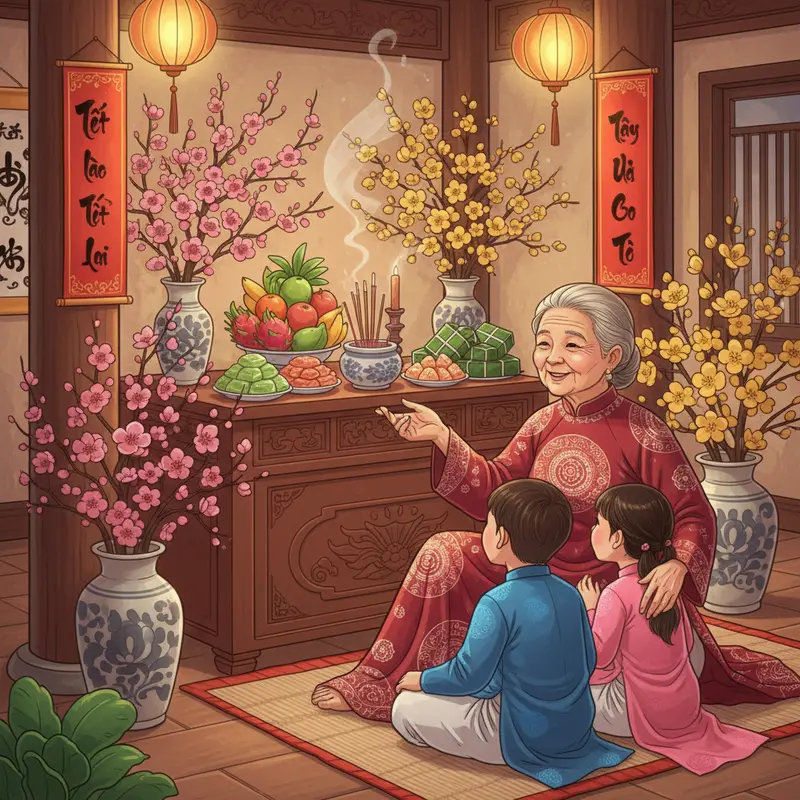 Gia đình Việt đoàn viên trong không khí Tết Nguyên đán truyền thống.
