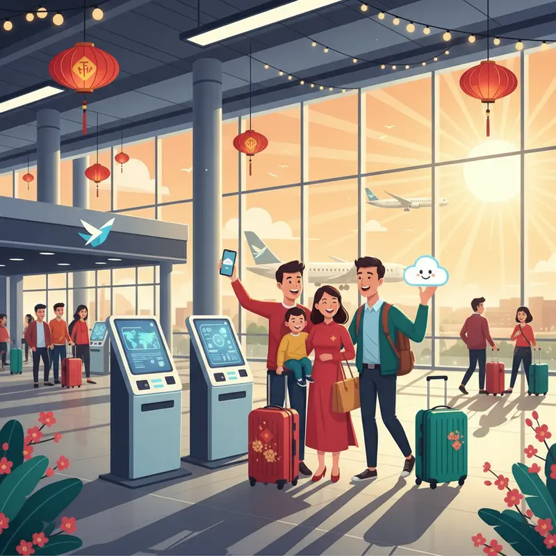 Nhóm du khách Việt Nam vui vẻ xếp hàng tại sân bay vào dịp Tết, thể hiện cảm xúc háo hức đi du lịch.