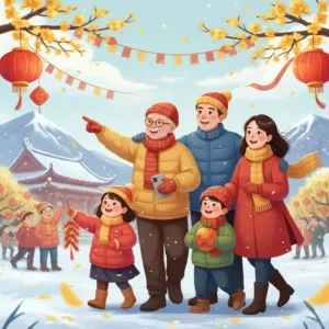 Gia đình nhiều thế hệ đi du lịch Tết với áo ấm, nền là đường phố nhiều hoa và đèn lồng, không khí lạnh trong lành.