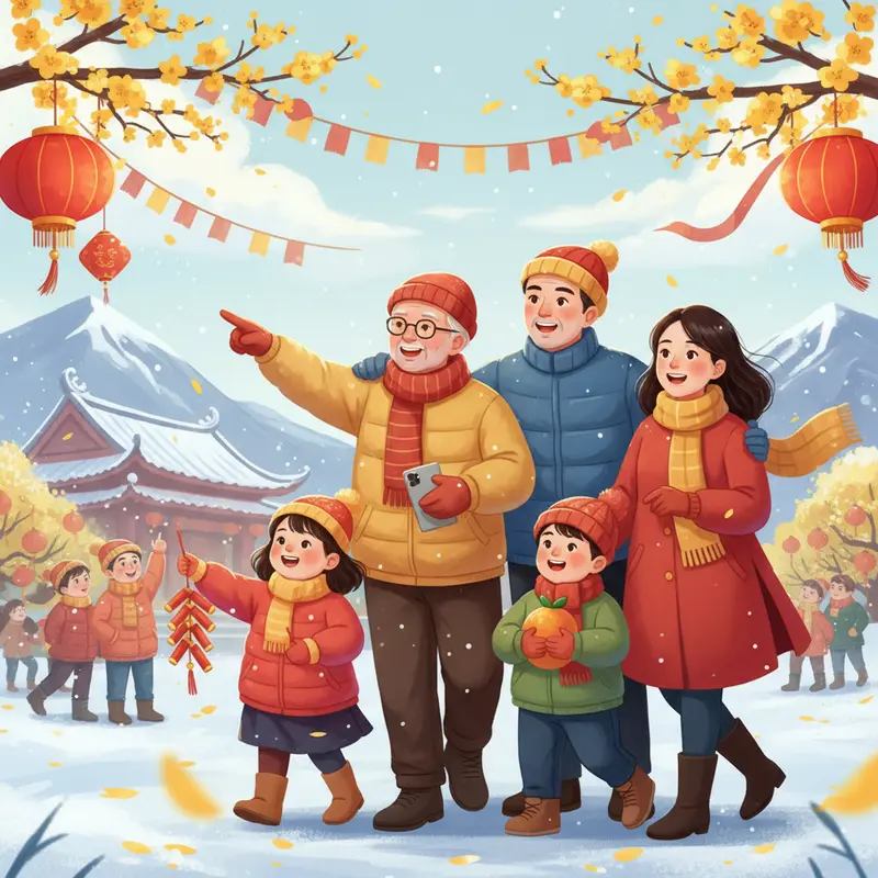 Gia đình nhiều thế hệ đi du lịch Tết với áo ấm, nền là đường phố nhiều hoa và đèn lồng, không khí lạnh trong lành.