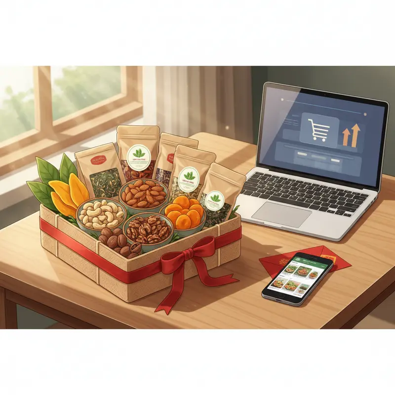 Hộp quà Tết healthy hiện đại trên bàn cùng laptop và smartphone, gợi ý xu hướng mua sắm số.