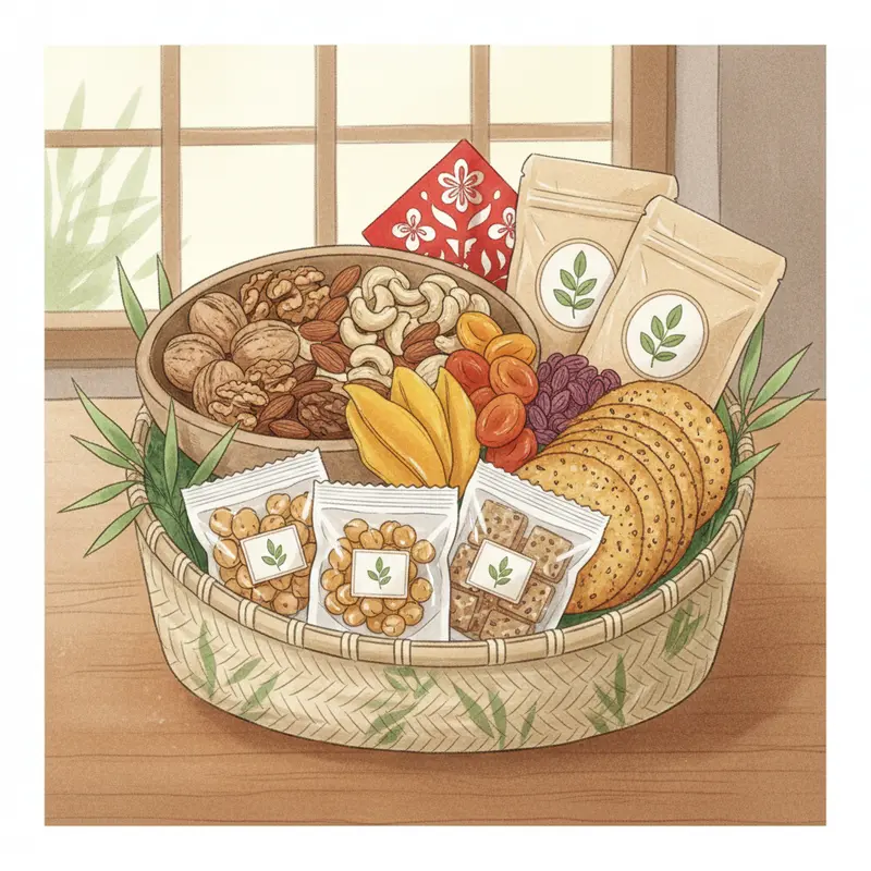 Tổng quan các loại sản phẩm healthy trong giỏ quà Tết cho người ăn chay, ăn kiêng.