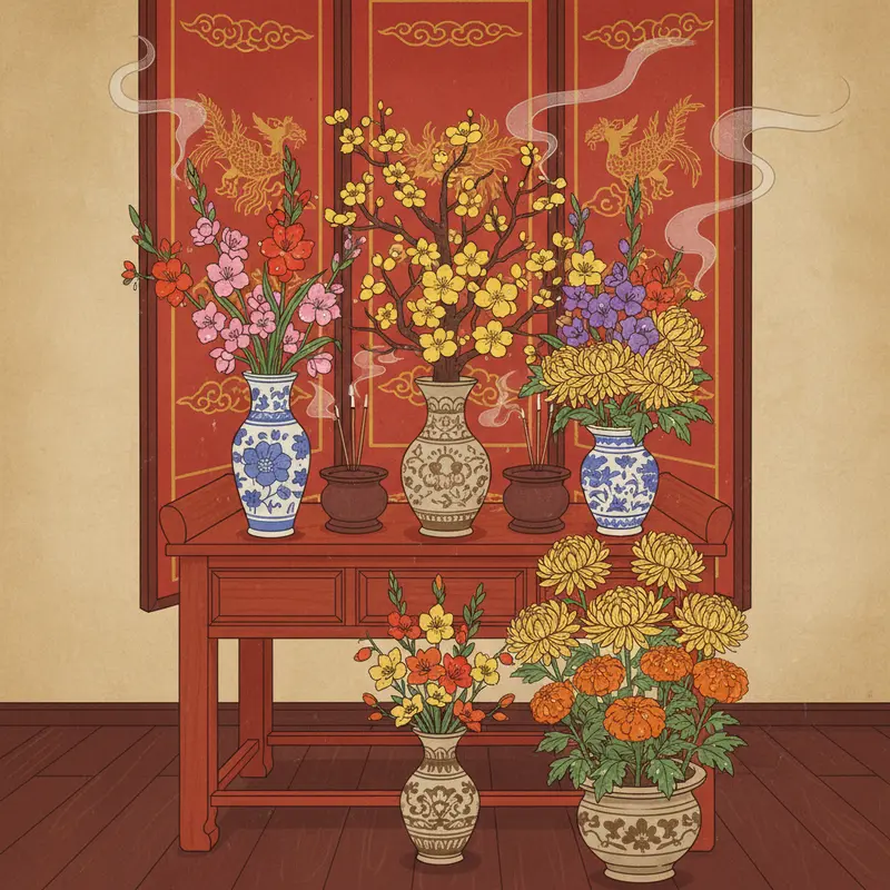 Bàn thờ tổ tiên được trang trí hoa tươi ngày Tết