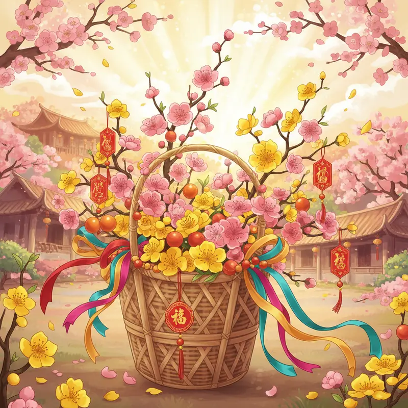 Giỏ quà bằng mây tre tự nhiên và vải bố trang trí phóng khoáng.