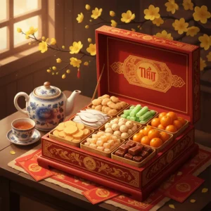 Hộp quà Tết bày đủ loại mứt truyền thống, bình trà và cành mai vàng dịp xuân.