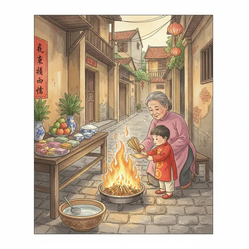 Gia đình Việt thành kính thực hiện lễ hóa vàng truyền thống ngày Tết.