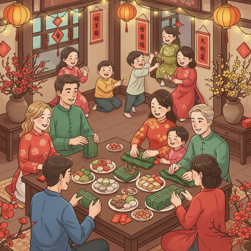Gia đình Việt dâng hương trên bàn thờ tổ tiên, chuẩn bị mâm cỗ ngày Tết.