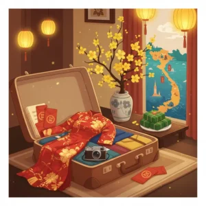 Vali chứa trang phục và vật dụng du lịch Tết bên cạnh hoa mai, bánh chưng, biểu trưng không khí đoàn viên.