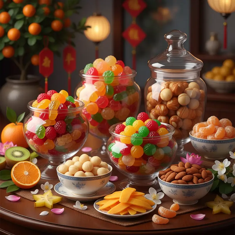 Giỏ quà Tết hiện đại với bánh kẹo nhập khẩu cao cấp, sắc vàng đỏ tươi vui.