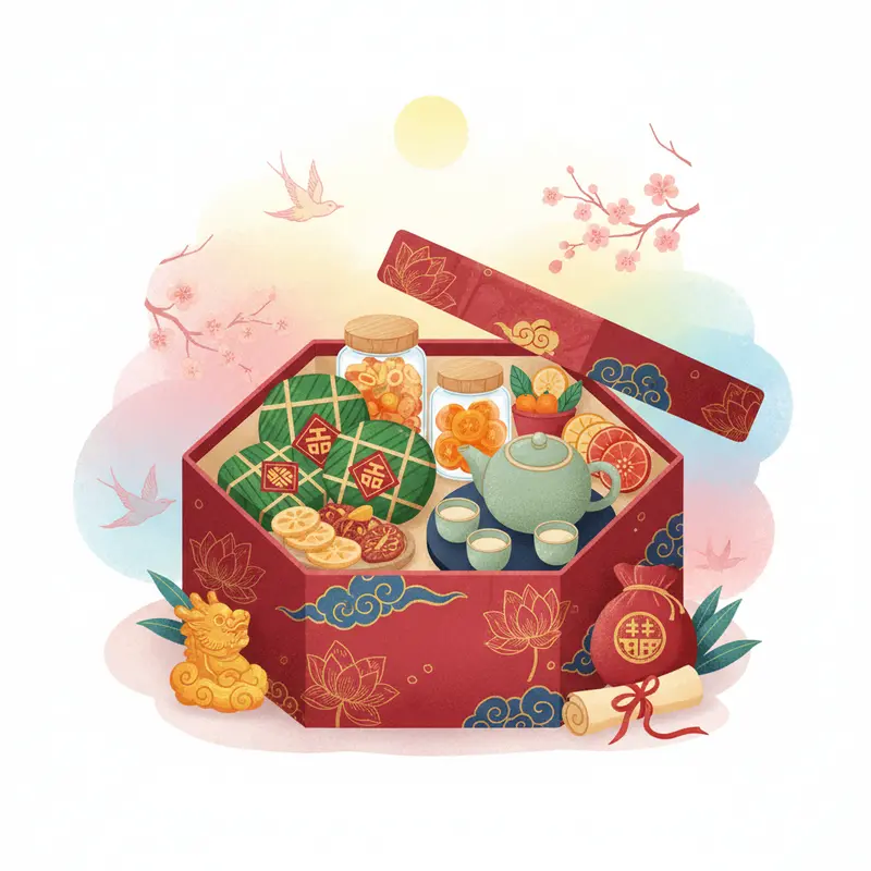 Gia đình cùng trao tặng hộp quà Tết truyền thống, thể hiện sự sum họp và kính trọng.