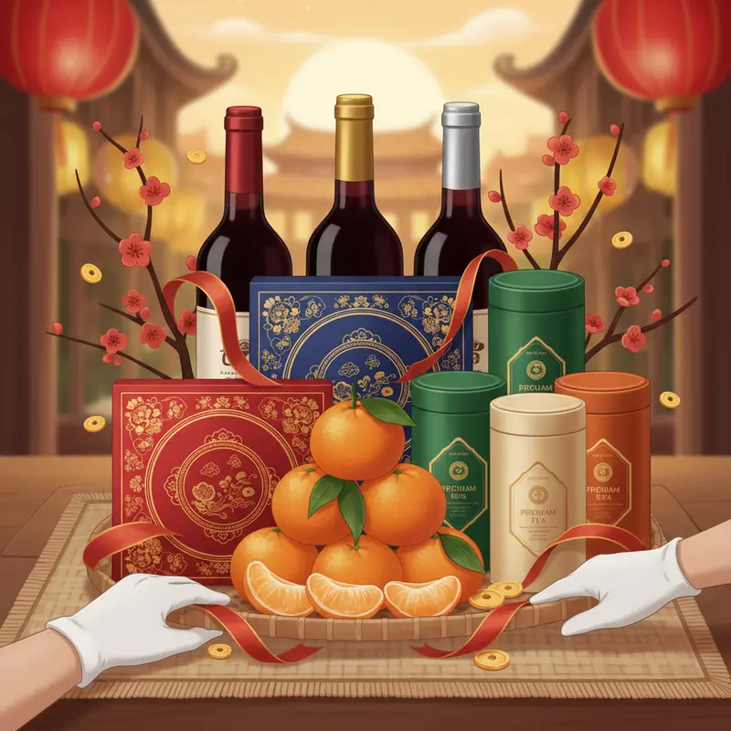 Giỏ quà Tết sang trọng với rượu vang đỏ, vang trắng, và bánh Trung Thu.